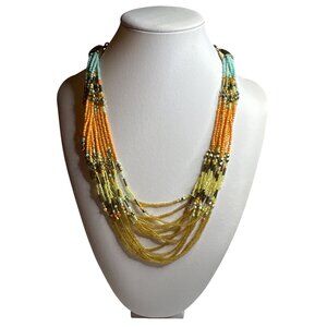 Seed Bead Statement Necklace Yellow Orange Turquoise Adjustable Lobster Clasp